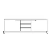 Media console black and white line drawing, rectangular cabinet with three drawers, minimalist design, recessed handles, square feet.