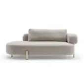 Beige linen sofa with curved seat, cylindrical arms, and gold legs, centered against a white backdrop in a studio product shot.