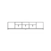 Storage unit black and white line drawing, three doors, two drawers, rectilinear design, minimalist aesthetic, labeled “milano – size b”.