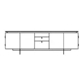 Sideboard line drawing, black and white, rectangular form with four doors, two drawers, two doors, short legs, and text detail.