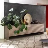 Distinguished Moroso Rows sideboard with light brown matte oak veneer and parallel grooves creating a textured front
