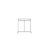 Two-door cabinet schematic, black lines on white, rectangular form with panel details and horizontal leg support.