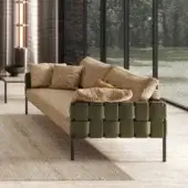 Distinguished Turri Ratio sofa with woven leather structure and beige brown textile upholstery complemented by olive green synthetic material