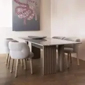Elegant Moroso Rows table with oak veneer and glossy gray marble-patterned back-painted glass top, showcasing vertically grooved wood panels