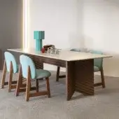 Exceptional Moroso Rows table showcasing a light stone top with a medium brown oak veneer base in a textured herringbone finish