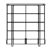 Shelving unit line drawing, black and white, rectangular grid with four tiers, central vertical support, minimalist design, labeled “aspen – size a”.
