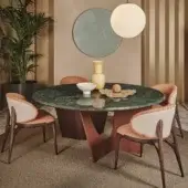 Distinguished Turri Pinnacle table with glossy green marble and walnut wood built with reddish-brown Italian leather