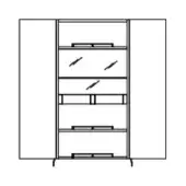 Bar unit line drawing, black and white, with two doors, central glass shelves, and diagonal panel lines, minimalist rectilinear design.
