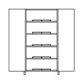 Tall cabinet line drawing, black and white, two doors flanking six open shelves, rectilinear shape, small base with legs.