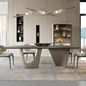 Distinguished Turri Pinnacle table with dark gray marble top and curved light beige with walnut wood base