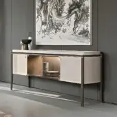 Elegant Turri Pinnacle sideboard with wooden structure, refined leather applications, and light gold metal details in matte white finish