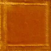 Orange textile sample with textured central square and fringed border, displaying a subtle sheen and looped edge detail.