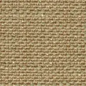 Beige jute textile sample with horizontal weave, interspersed with pale green circular elements, creating a dense, matte texture.