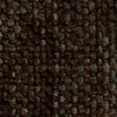 Looped pile fabric texture, reddish-brown and gray tones, mottled with dark fibers, short compressed loops, durable utilitarian surface, sample identification.