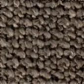 Looped pile fabric texture in gray-brown, displaying dense, irregular loops and heathered color variations from beige to charcoal gray.