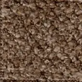 Brown looped pile fabric texture with mottled beige and chocolate hues, dense short loops, and subtle printed identification text.