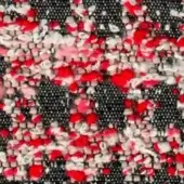 Floral textile with red and off-white stylized roses on a dark woven background, product code extra 842.