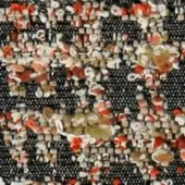 Charcoal gray textile with red, beige, and cream abstract floral motifs; woven fabric includes fragmented “swan fabric extra 842” text.