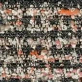 Charcoal gray fabric sample with dense, irregular peach, cream, and rose motifs; woven texture displays “swan > fabric (extra) > extra 842” label.