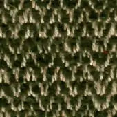 Woven fabric texture, olive green and beige, irregular pile with nubby fibers, durable rustic textile sample with visible material labeling.