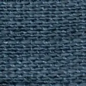 Dark blue-gray woven fabric sample displays a dense, nubby texture with horizontal and vertical threads, a matte finish, and printed label text.