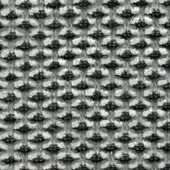 Geometric fabric texture with black and off-white woven pattern, featuring circular nodes within a grid of elongated shapes, studio lighting.