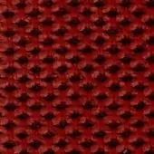 Red textured fabric with repeating circular pattern and horizontal lines, dense weave, subtle tonal variations, and tactile nubby surface.
