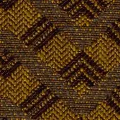 Chevron fabric swatch in dark brown and gold tones features a raised, textured weave with a visible grid pattern and a white label.