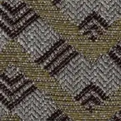 Woven fabric swatch in olive green, dark brown, and gray features a diagonal chevron pattern with a raised, textured weave and printed label.