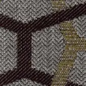 Woven fabric texture with diagonal stripes in dark brown, gray, and mustard yellow; geometric blocks and a feathered gray pattern; fabric code g 465 29.