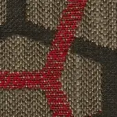 Woven fabric texture, muted brown with gray and black diamond grid, bold red diagonal stripe, repeating "g" pattern, matte finish.