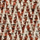 Woven fabric texture displaying vertical stripes of creamy white and terracotta red, with a simple over-under weave and matte finish.