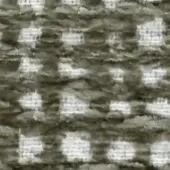 Olive-green woven fabric swatch with repeating, irregular square motifs and subtle embedded text; dense, matte texture with horizontal threads.