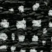 Swan pattern textile, black and white geometric swans on dark woven fabric, grid layout with text “swan > fabric (g) > g 475 21”.