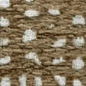 Swan fabric swatch with repeating white swan motifs on brown ribbed background, featuring looped texture and subtle inscription.