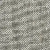 Woven fabric sample, muted gray-green, textured with speckled lighter gray and off-white threads, dense plain weave, matte finish, label visible.