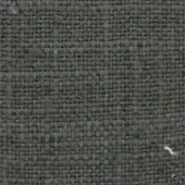 Charcoal gray woven fabric sample with a dense, heathered texture and small square yarn intersections, featuring handwritten labels.