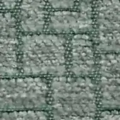 Textured gray-green fabric swatch with a grid pattern of raised, looped elements and recessed dark green lines; matte finish, woven texture.