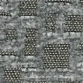Gray woven fabric swatch with repeating square motifs and mottled background, displaying a textured, slightly raised pattern and visible product code.