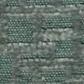 Textile sample with grid pattern in teal-green and gray tones, featuring a textured weave and small white dots within the darker squares.