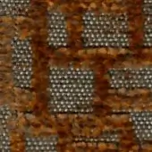 Woven fabric swatch with a grid pattern of mottled brown and gray squares, displaying varied texture and warm earthy tones.