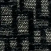 Woven fabric texture features a dark base with off-white rectangular motifs composed of granular dots, displaying subtle integrated text.