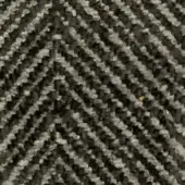 Striped fabric swatch with dark brown and off-white diagonal weave, featuring muted yellow flecks and subtle repeating text.