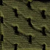 Knitted fabric in olive-green with irregular holes, frayed edges revealing darker fibers, vertical ribbing, and a rough texture; label reads "super 238".