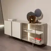 Distinguished Turri Zero sideboard with a glossy lacquered wooden structure, leather and glass doors, plus a white marble insert