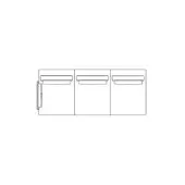 Three cabinet drawers line drawing, white background, rectangular recessed panels, minimalist design, simple pulls, clean lines, technical illustration.