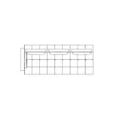 Three-seater sofa with grid capitonné upholstery, rectangular cushions, low profile, black line drawing schematic with product text.