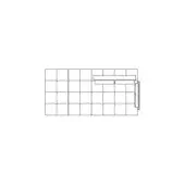 Sectional sofa line drawing with capitonne upholstery positioned on a white grid pattern, alongside a rectangular handled unit.
