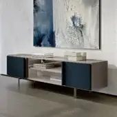 Superior Turri Zero TV stand with glass doors and dark blue leather contrasted by satin platinum metal feet