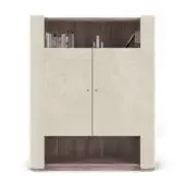 Formitalia Downtown bookcase, off-white leather cabinet, dark walnut shelving, symmetrical design with rounded edges and staggered books.